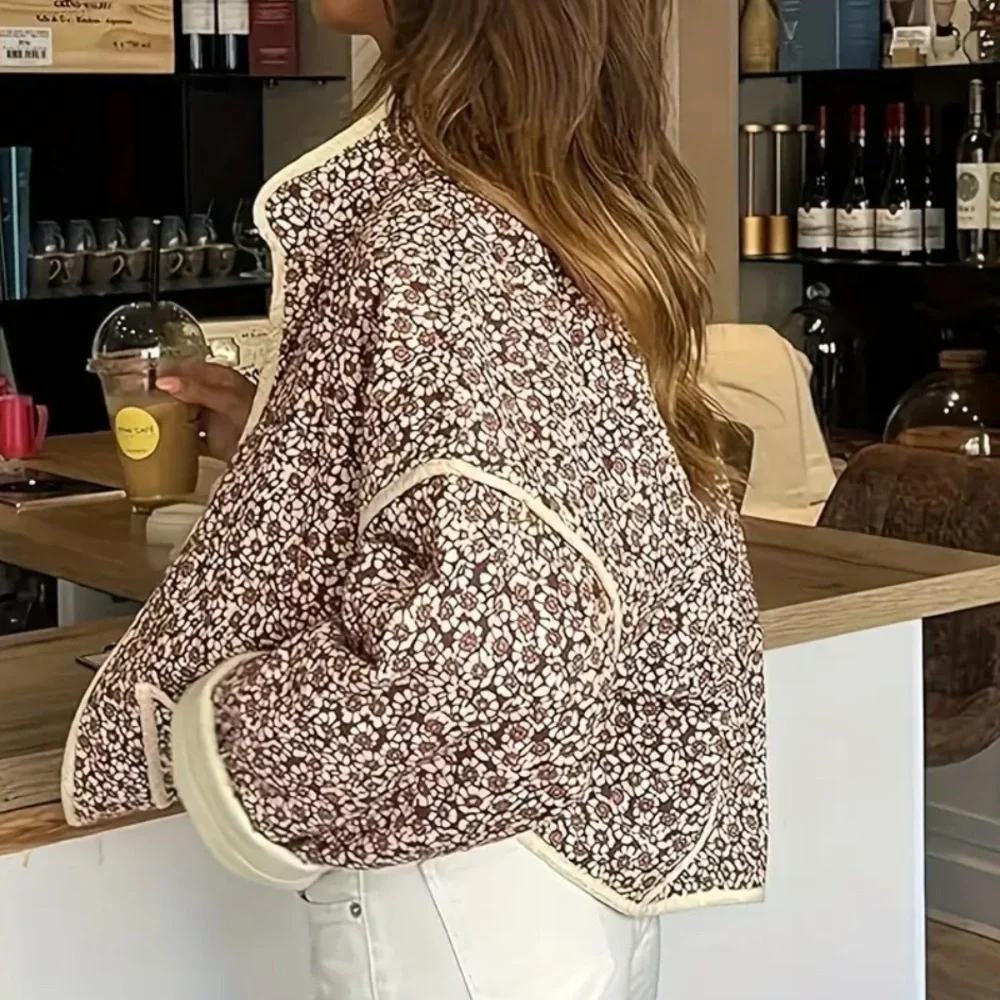 Cream and Brown/Red printed quilted lightweight jacket - Picture 3 of 6
